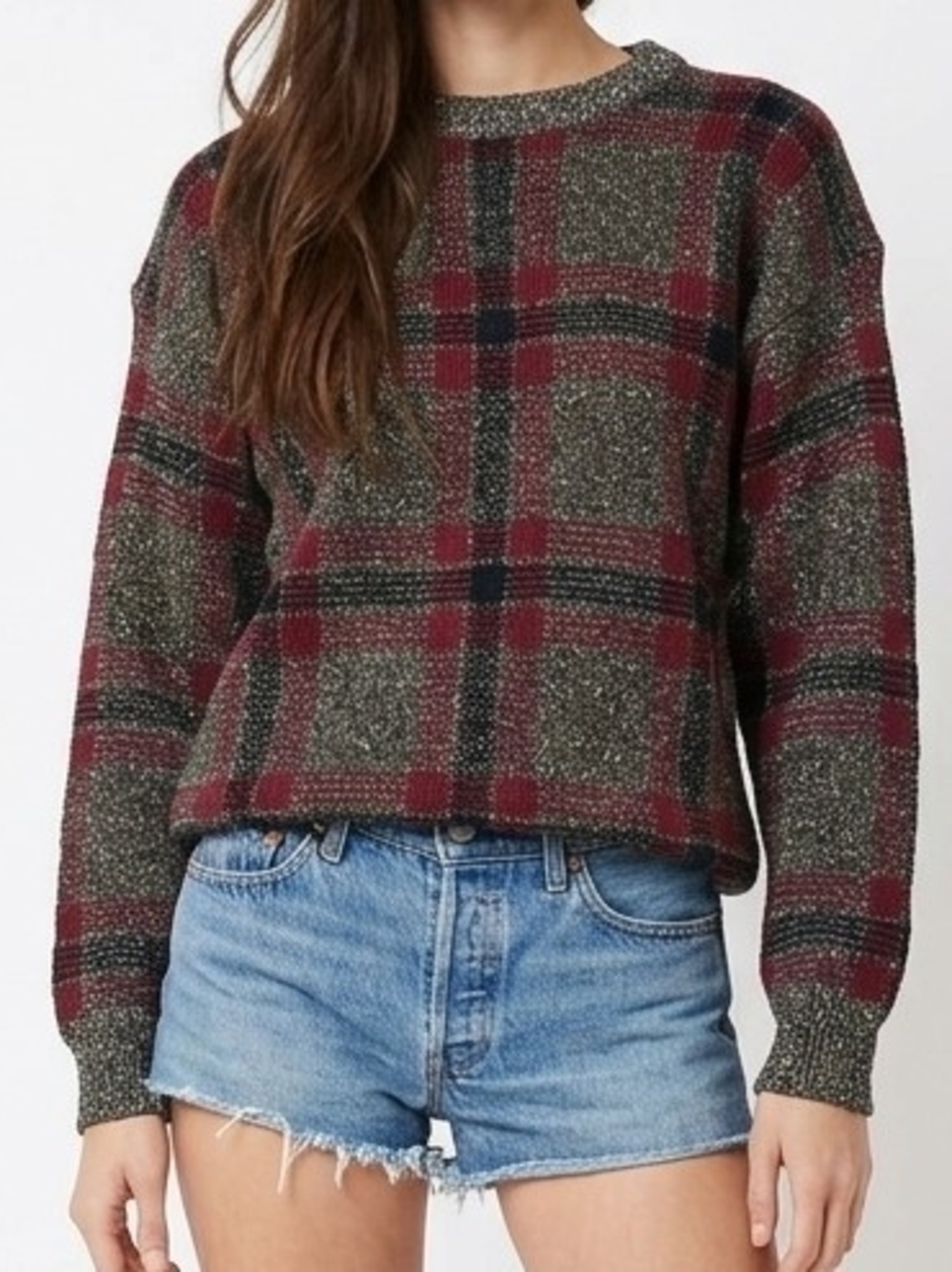 Vintage Marled Plaid Crewneck Sweater in Gray/Burgundy - L
